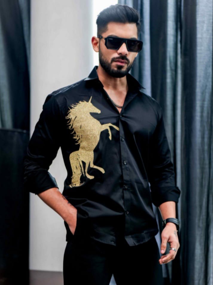 Streak Hawk Black Club Wear Horse Printed Satin Cotton Shirt